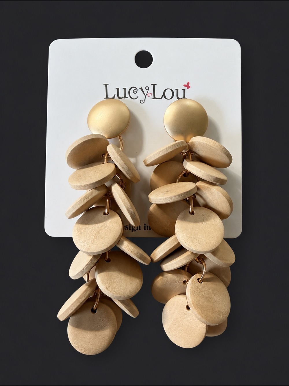LucyLou Natural Wood Disc Statement Earrings Gold Tone Dangle Drop Earrings 3”